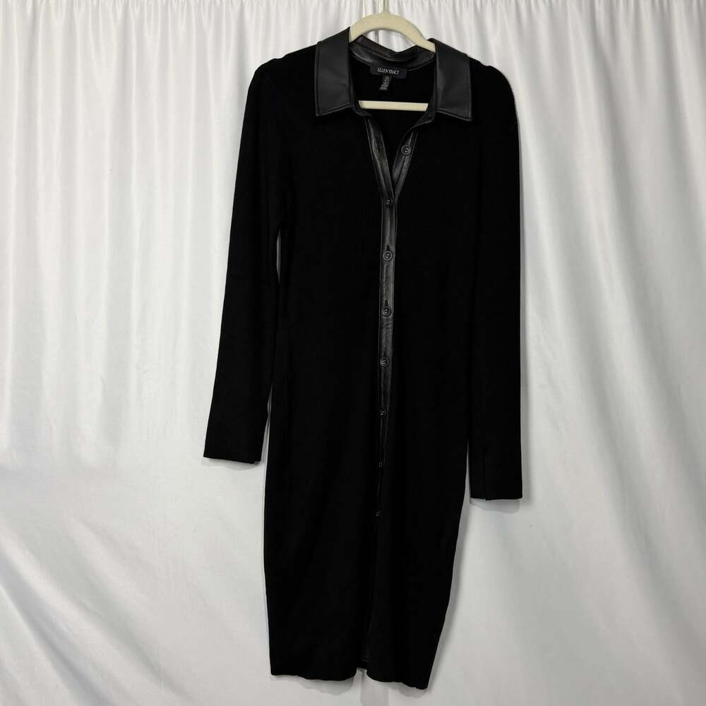 Ellen Tracy Women's Black Ribbed Knit Faux Leather Collar Button Front Dress L